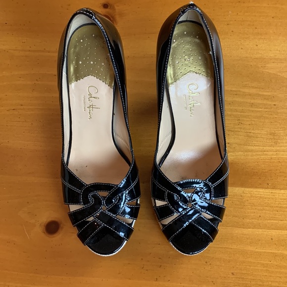 Cole Haan Black Patten Leather & Sisal Platform Heel Pumps Size 9B - Picture 3 of 13